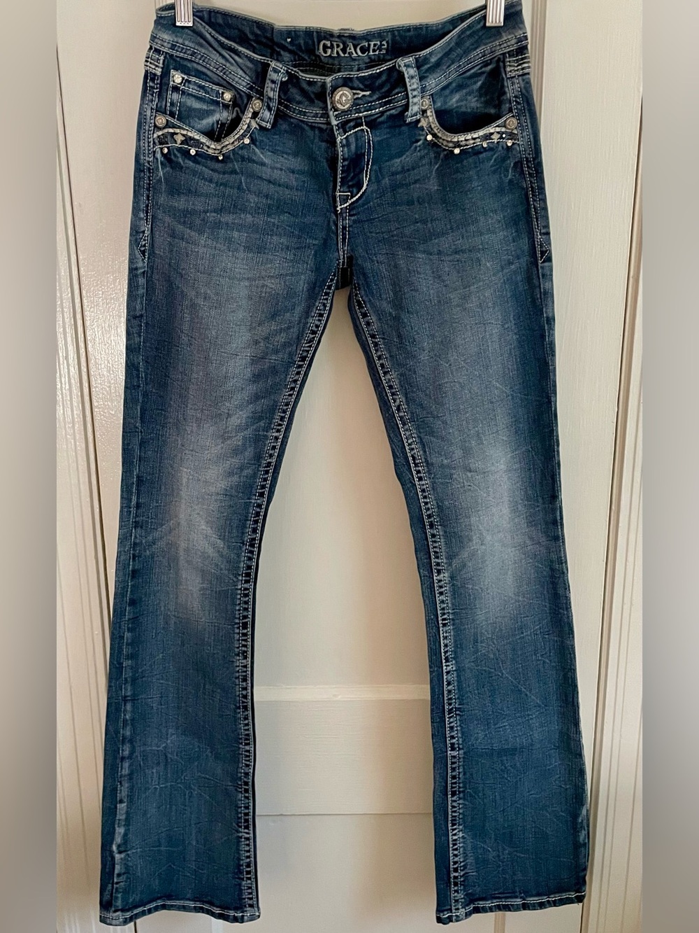 Grace in LA Embellished Bootcut Jeans Denim Womens 28 Bling Pockets Western Y2K